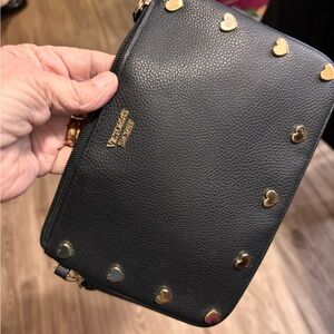 Victoria Secret Black Pebbled Leather Wristlet with Gold Heart Studs